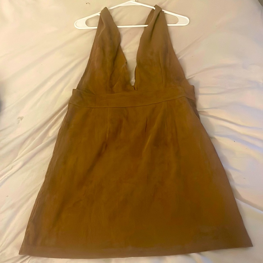 Vintage overall dress in tan with black zippered back, size M-L